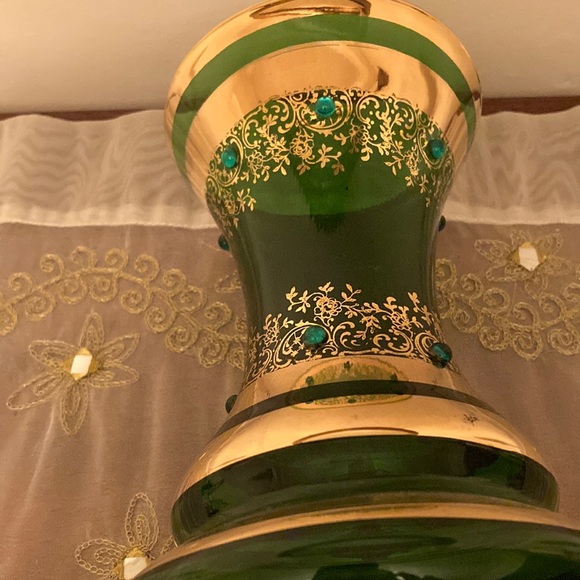 Unique Vintage Design Green Vase with Gold Accents Murano Style - Picture 3 of 7